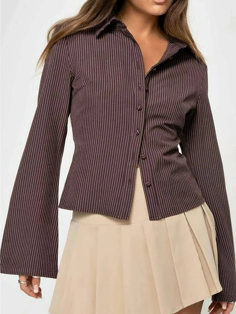 Princess Polly Inspired Pinstripe Shirt Brown & White Size Medium Like New